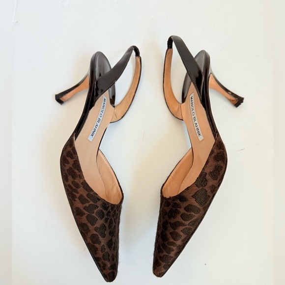 Manolo Blahnik Brown Black Lepoard print Carolyne Slingback pumps 90mm EU 38.5 - Picture 3 of 8